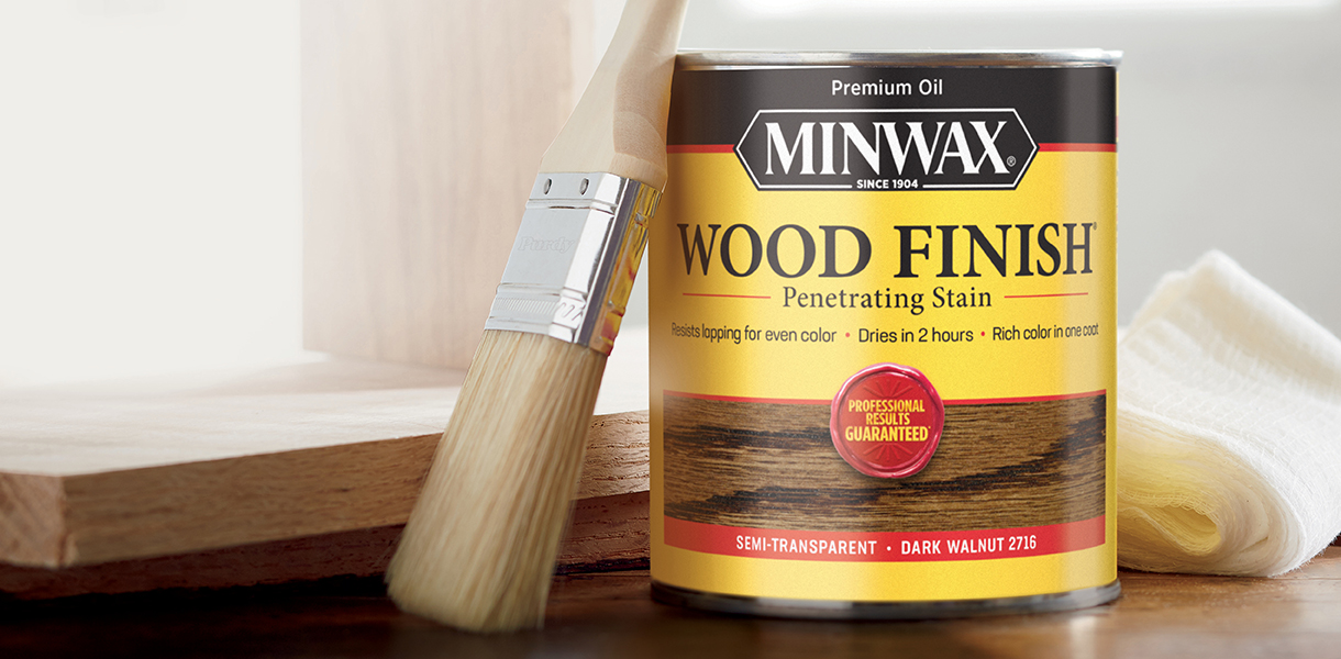 Minwax Wood Finish Stain can and brush