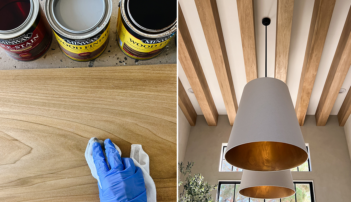 two images, one showing stains and a mix and another showing ceiling with stained wood and lampshades